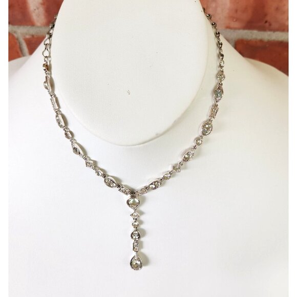 Elegant Silver-Tone Cubic Zirconia Y-Necklace With Teardrop Pendant - Picture 1 of 7